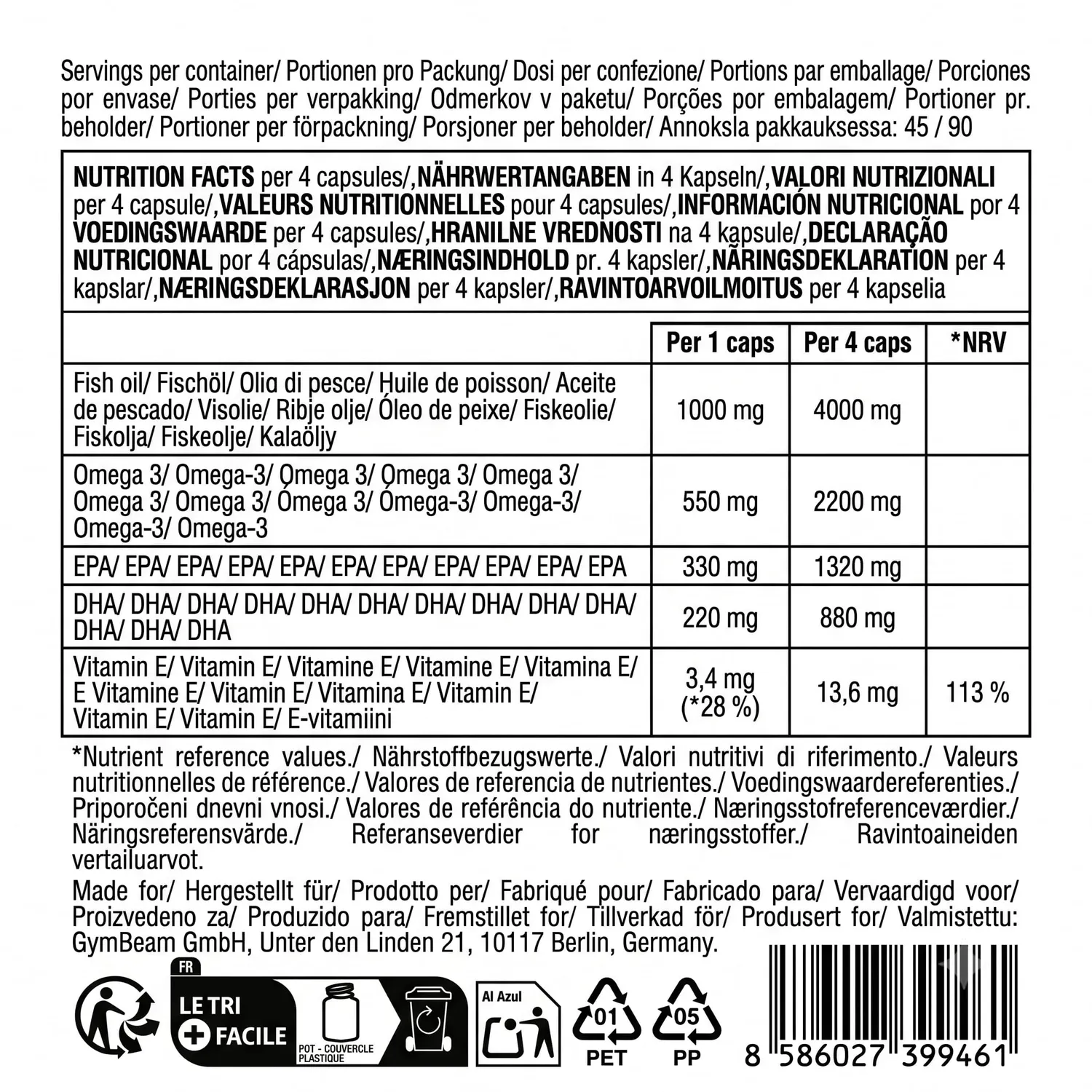 GymBeam Omega 3 Forte Capsule 90 cps Olio Pesce 1000 mg EPA DHA