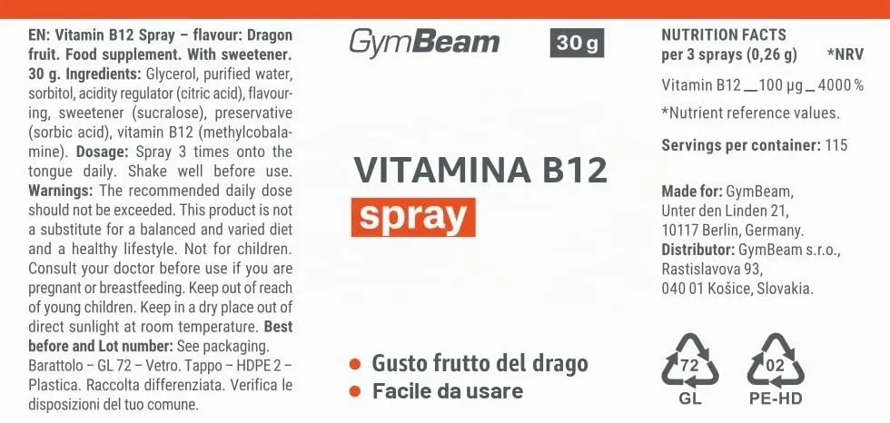 Gym Beam Vitamina B12 spray metilcobalamina dragon fruit