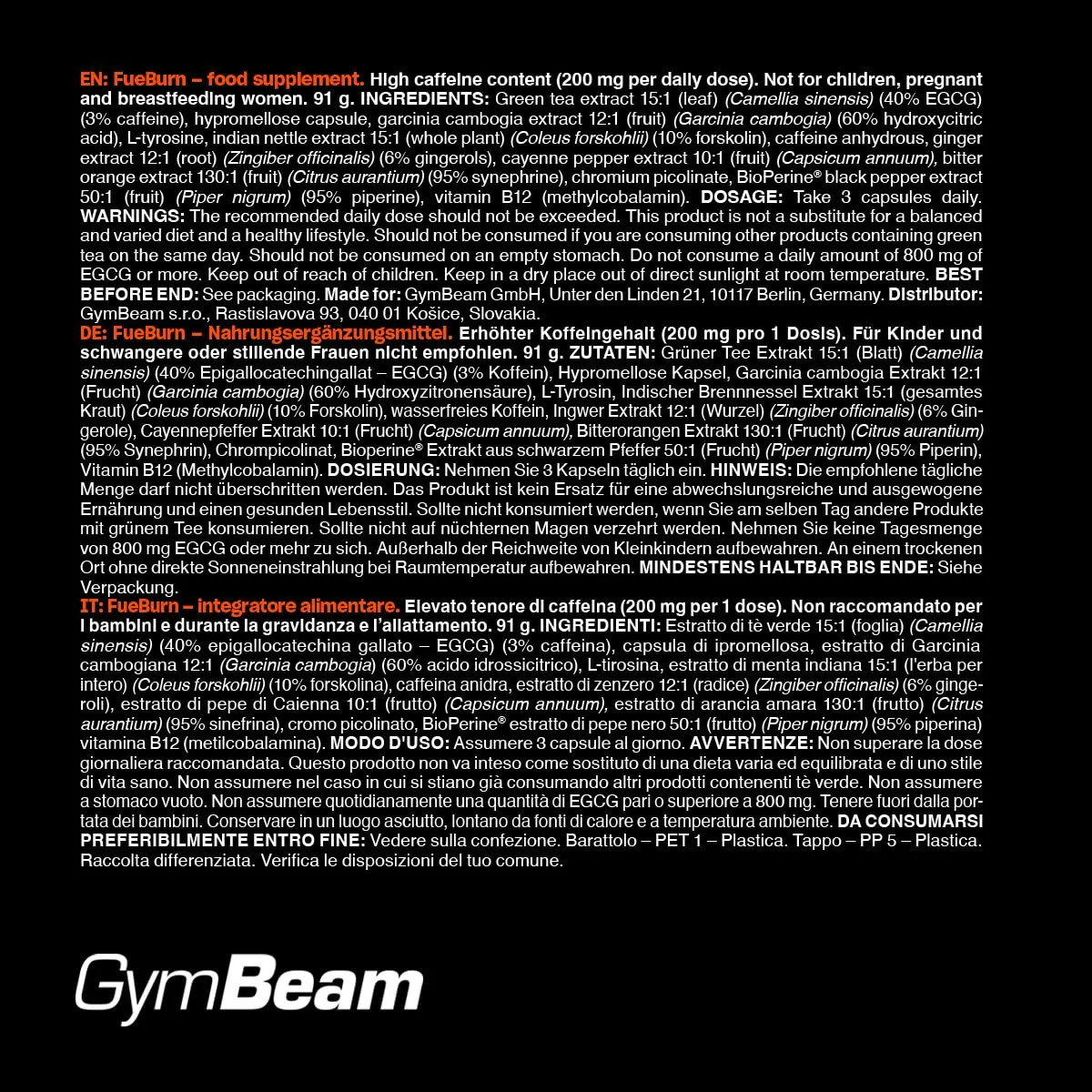 GymBeam FueBurn Bruciagrassi Termogenico 60 Capsule Caffeina