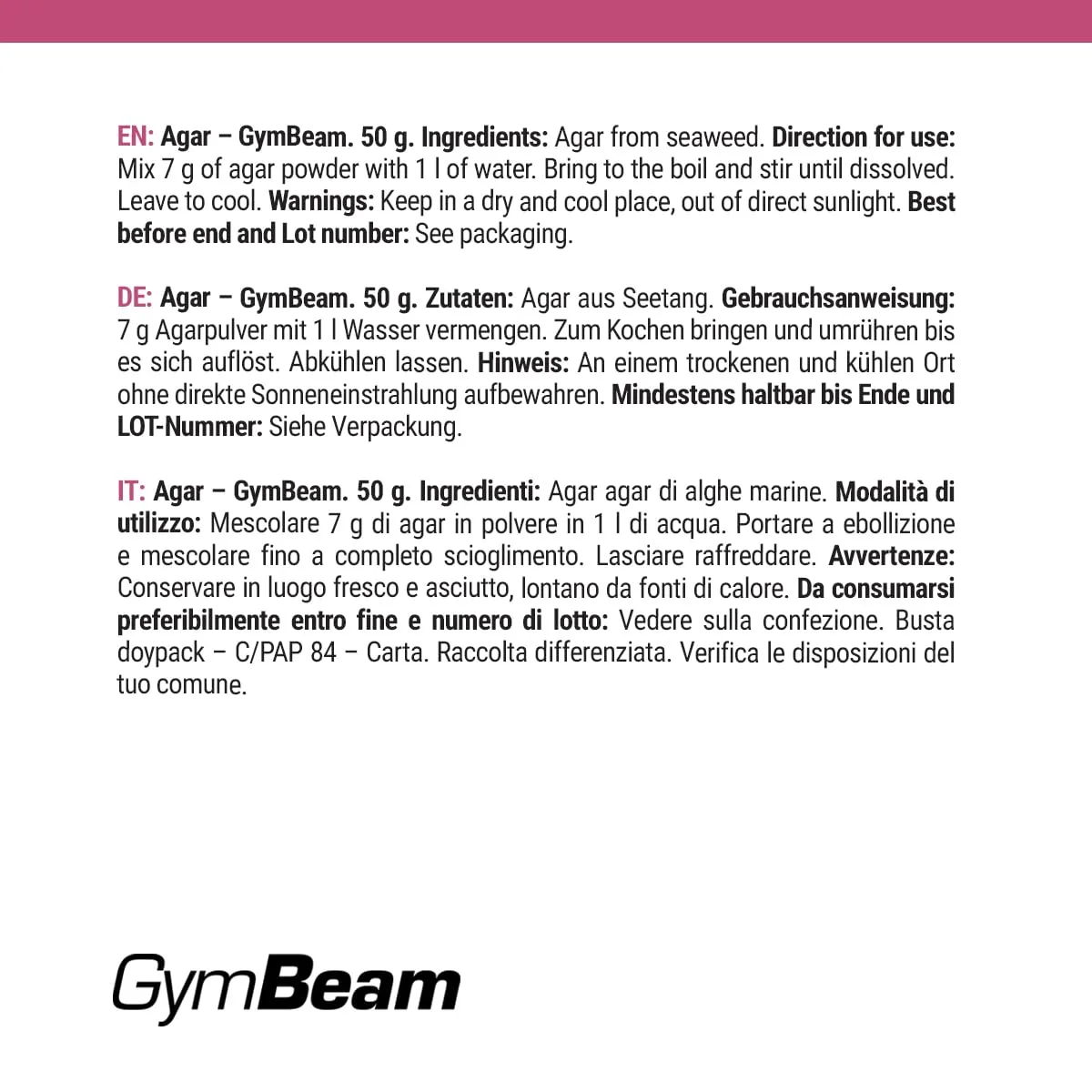 GymBeam Agar Addensante Vegetale 50 g Senza Zucchero