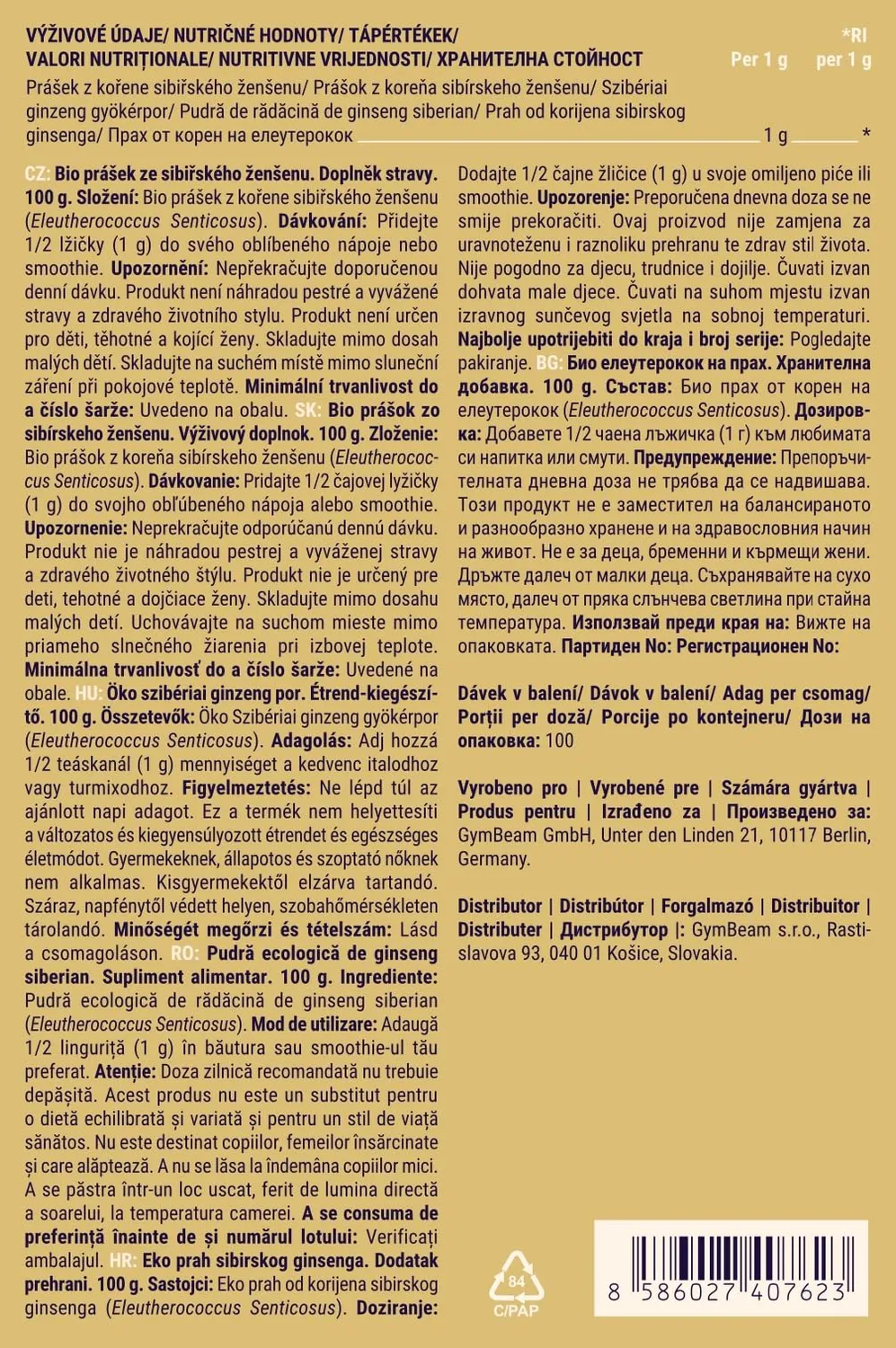 GymBeam Ginseng Siberiano Bio Polvere Energia