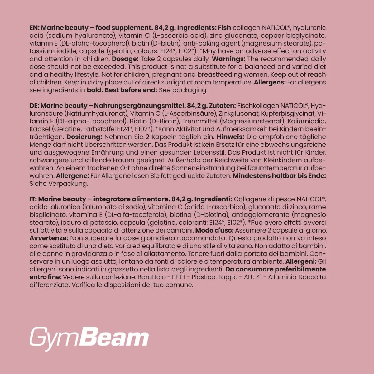 GymBeam Marine Beauty Collagene Marino 120 Capsule Pelle