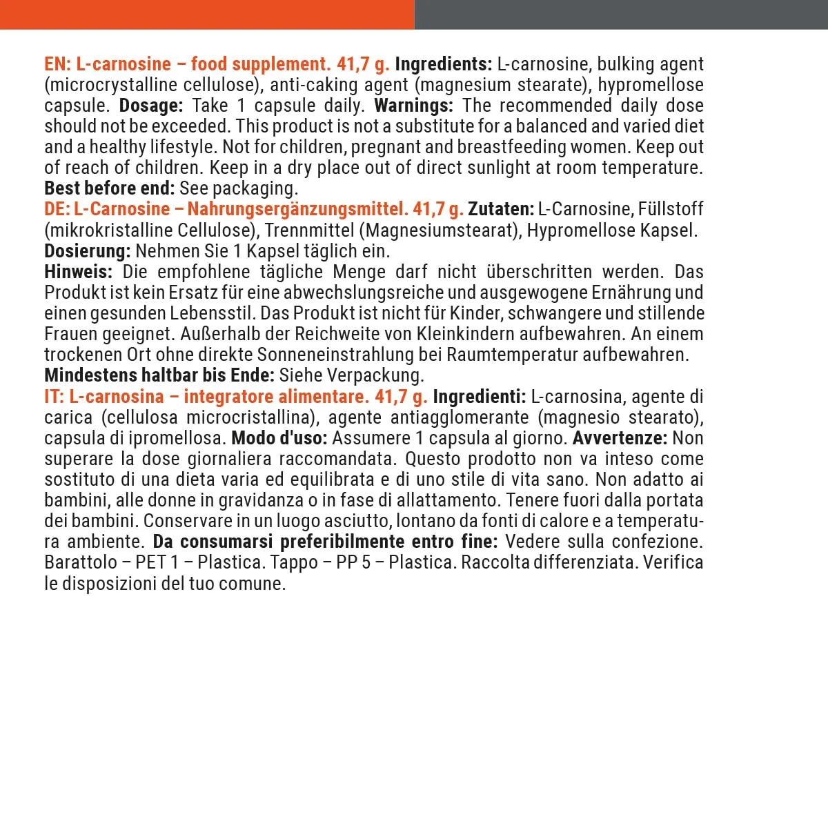 GymBeam L-Carnosina Integratore 60 Capsule 500 mg Antiossidante