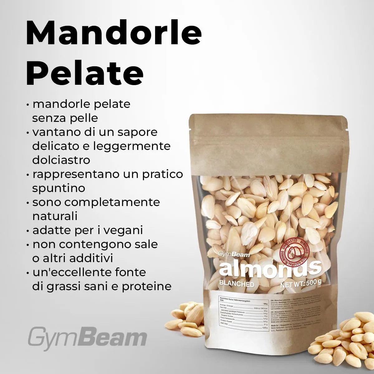 GymBeam mandorle pelate naturali 500 g vegane