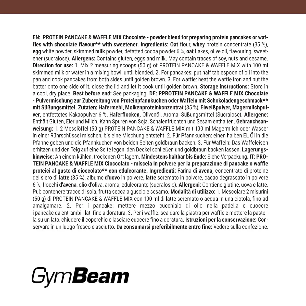 GymBeam Pancake & Waffle Mix Preparato Cioccolato 500 g Proteico