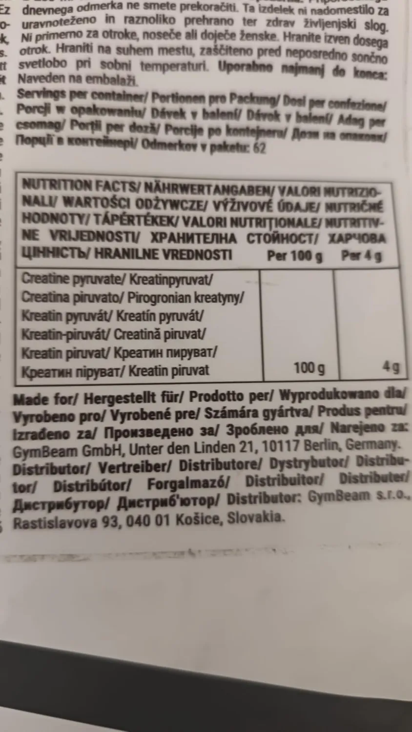 GymBeam Creatina Piruvato Polvere Prestazioni Alta Qualità
