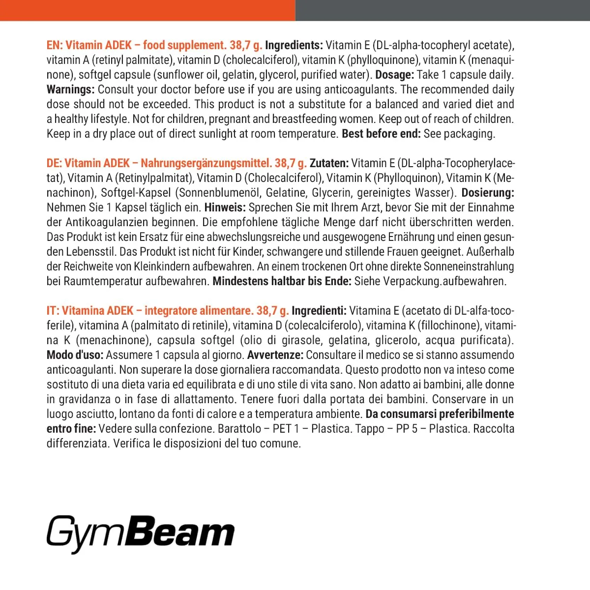 GymBeam Vitamina ADEK Integratore 90 Capsule per Ossa