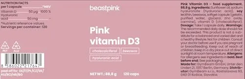 GymBeam Vitamina D3 Pink Integratore 2000 UI 120 Capsule Acido Ialuronico