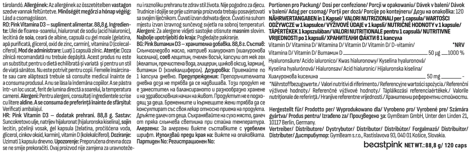 GymBeam Vitamina D3 Pink Integratore 2000 UI 120 Capsule Acido Ialuronico