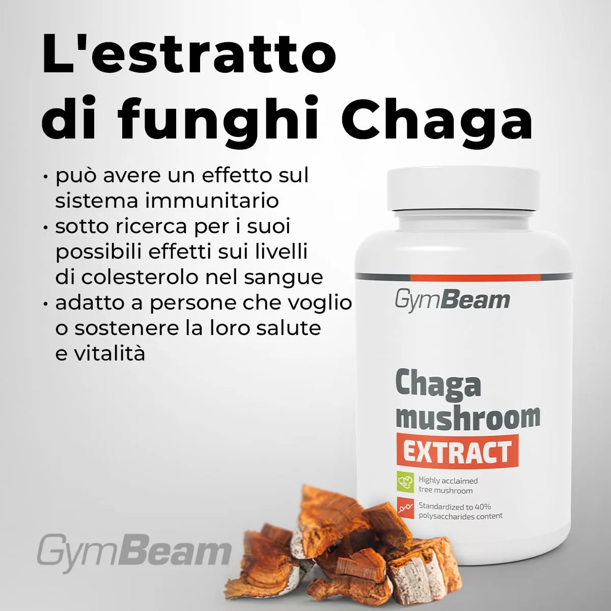 GymBeam Chaga Estratto capsule 90 pz 40% polisaccaridi