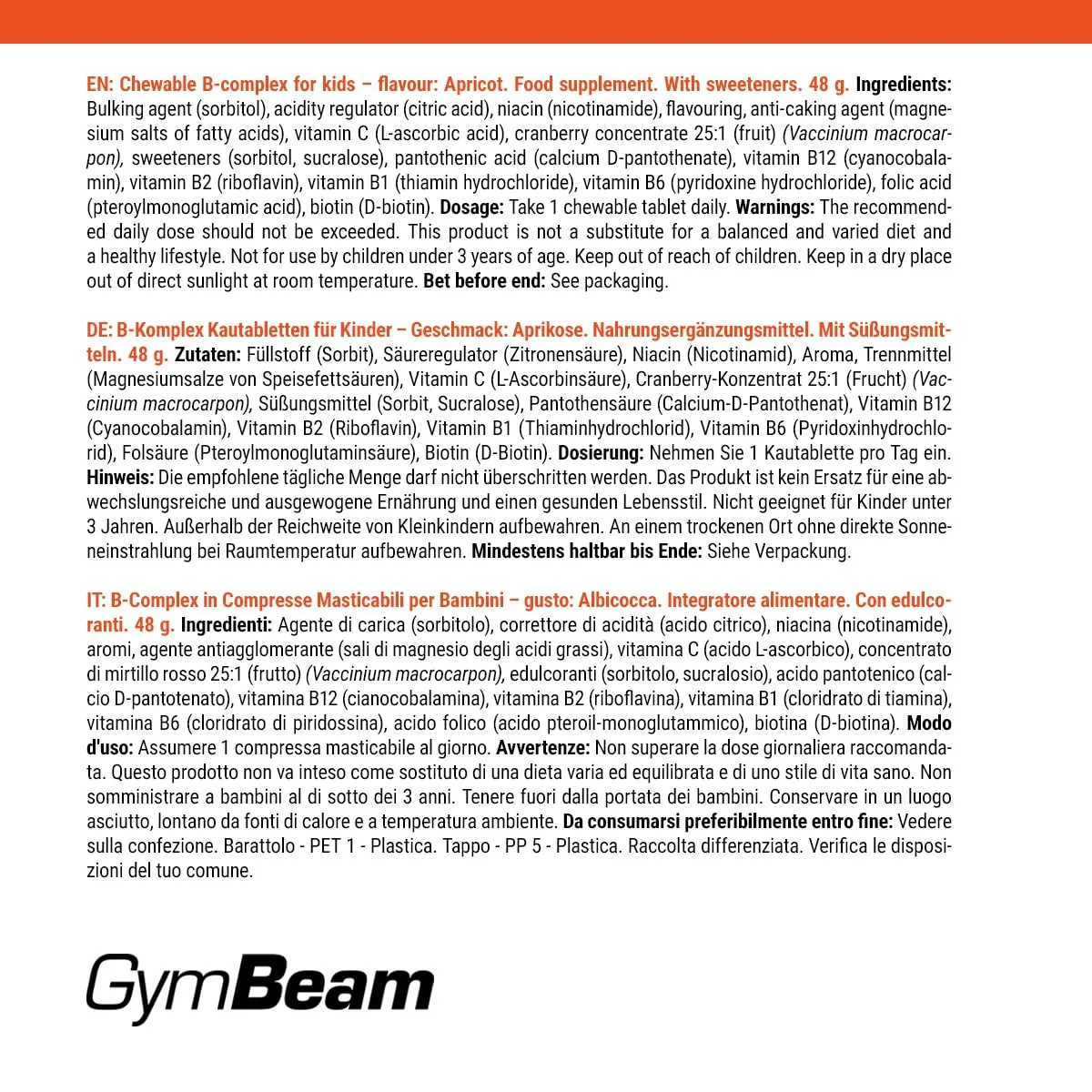 GymBeam B-Complex masticabili 120 cpr albicocca