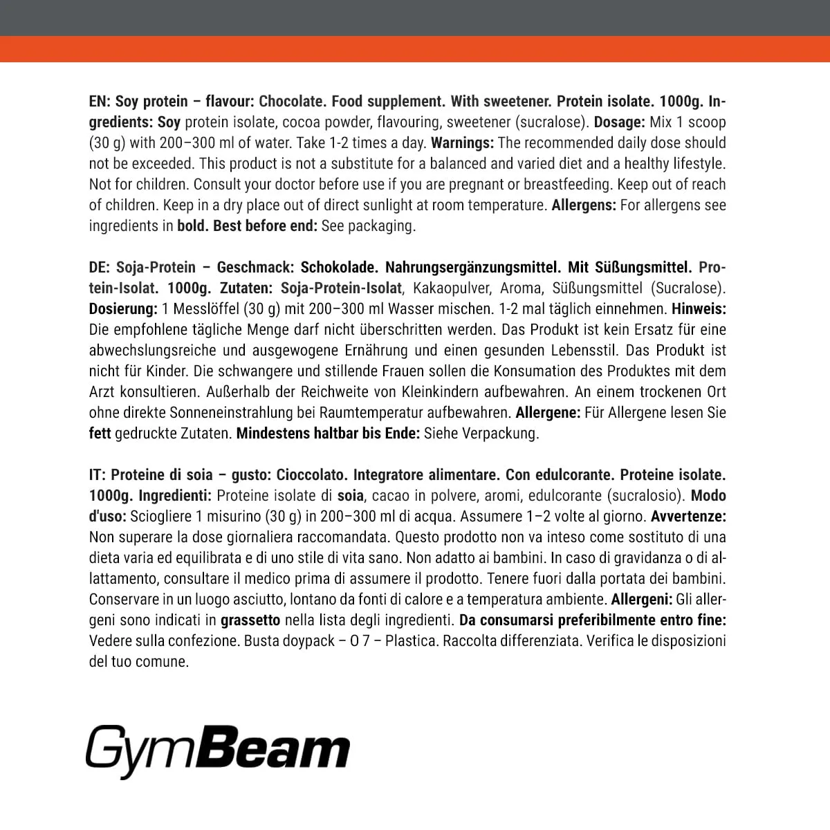 GymBeam Soia Isolate Cioccolato 1000 g proteine vegane