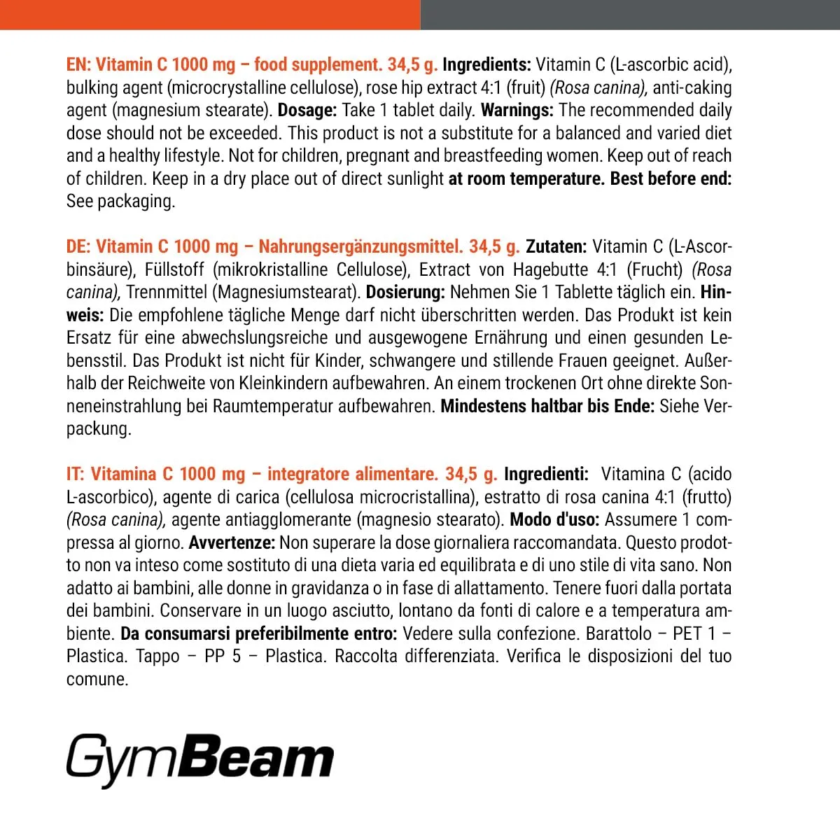 GymBeam Vitamina C 1000 mg Compresse 30 cpr Difese
