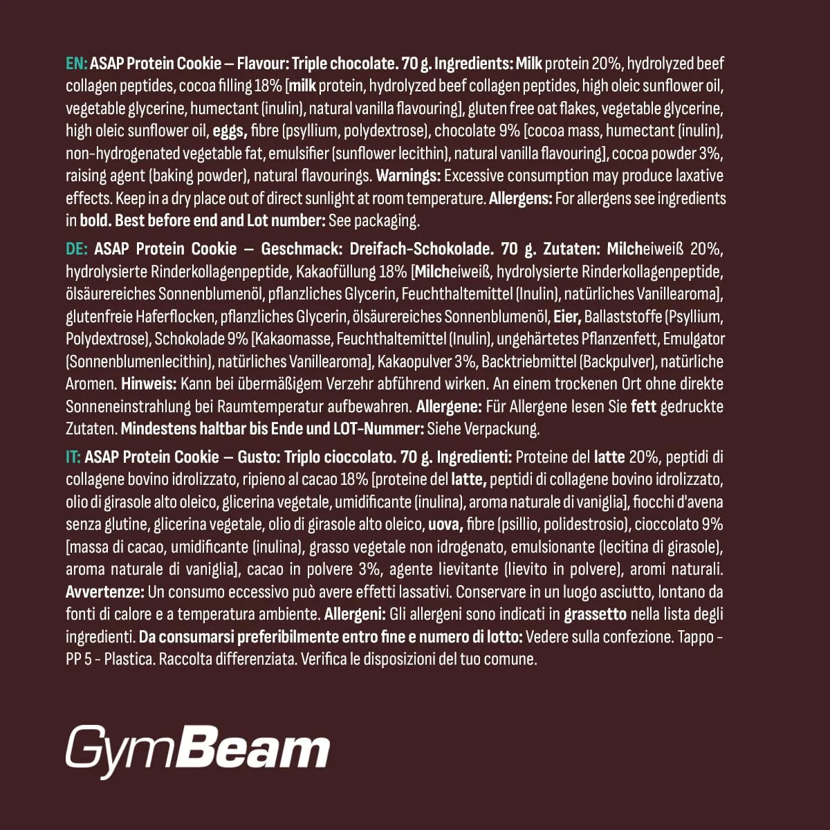 GymBeam ASAP cookie proteico Triple Chocolate 10x70g senza glutine