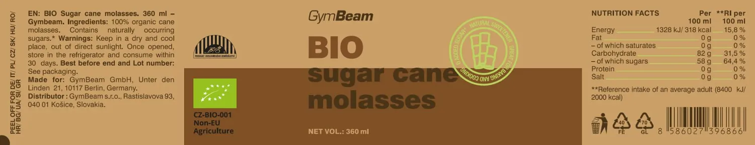 GymBeam Melassa Zucchero di Canna BIO Dolcificante 360 ml Miele