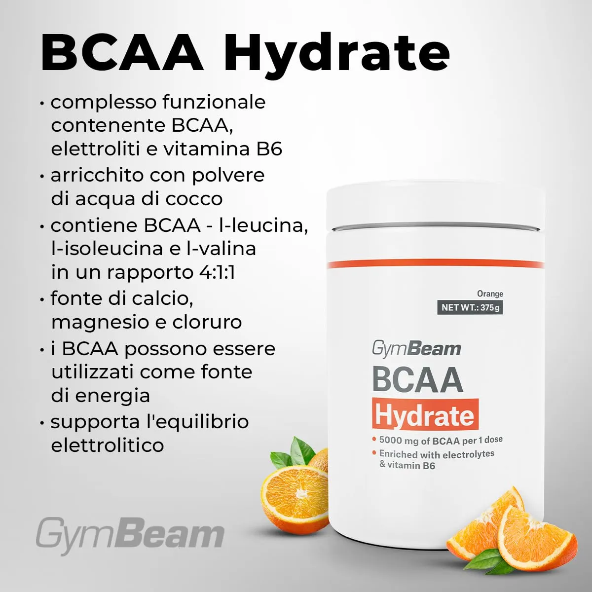 GymBeam BCAA Hydrate 4:1:1 Polvere Arancia con Elettroliti