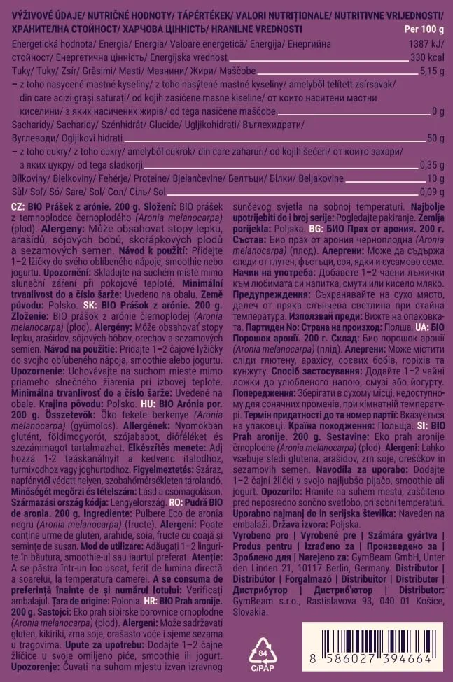 GymBeam Aronia Bio Polvere Vegana Senza Zuccheri