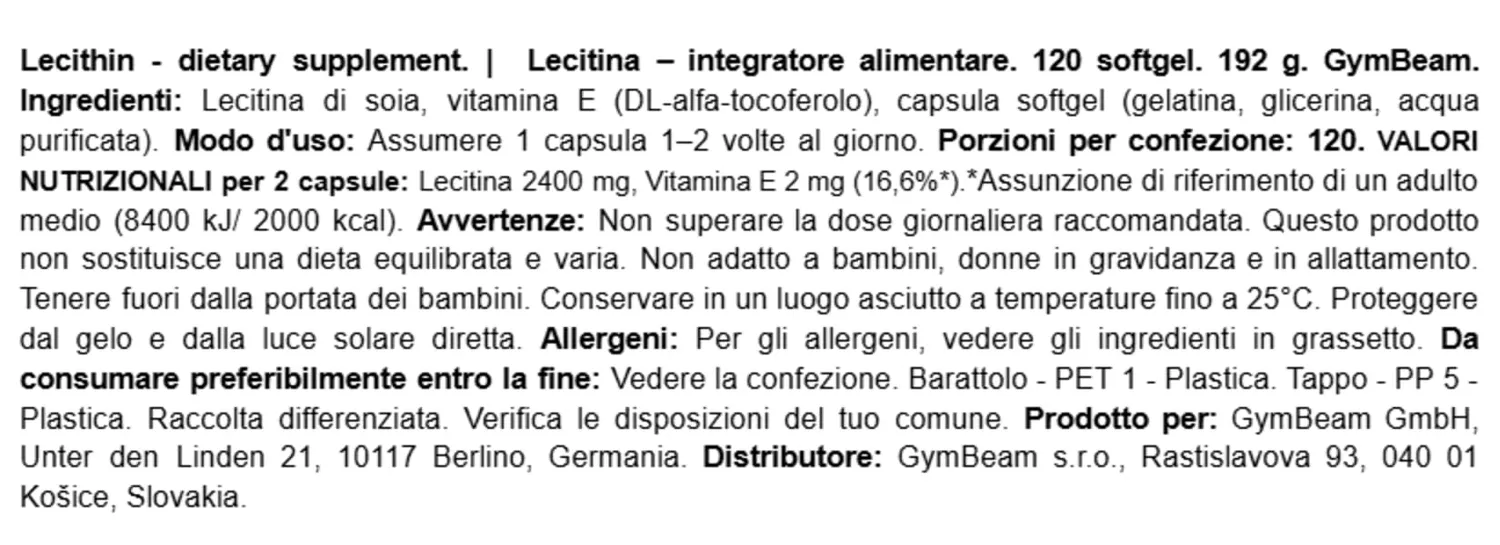 GymBeam Lecitina di Soia capsule 120 cps 1200 mg con colina