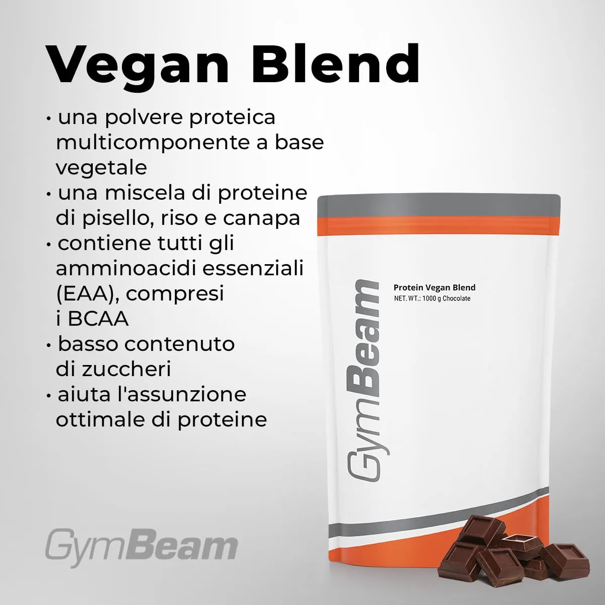 GymBeam Vegan Blend proteine 1000 g cioccolato pisello riso canapa