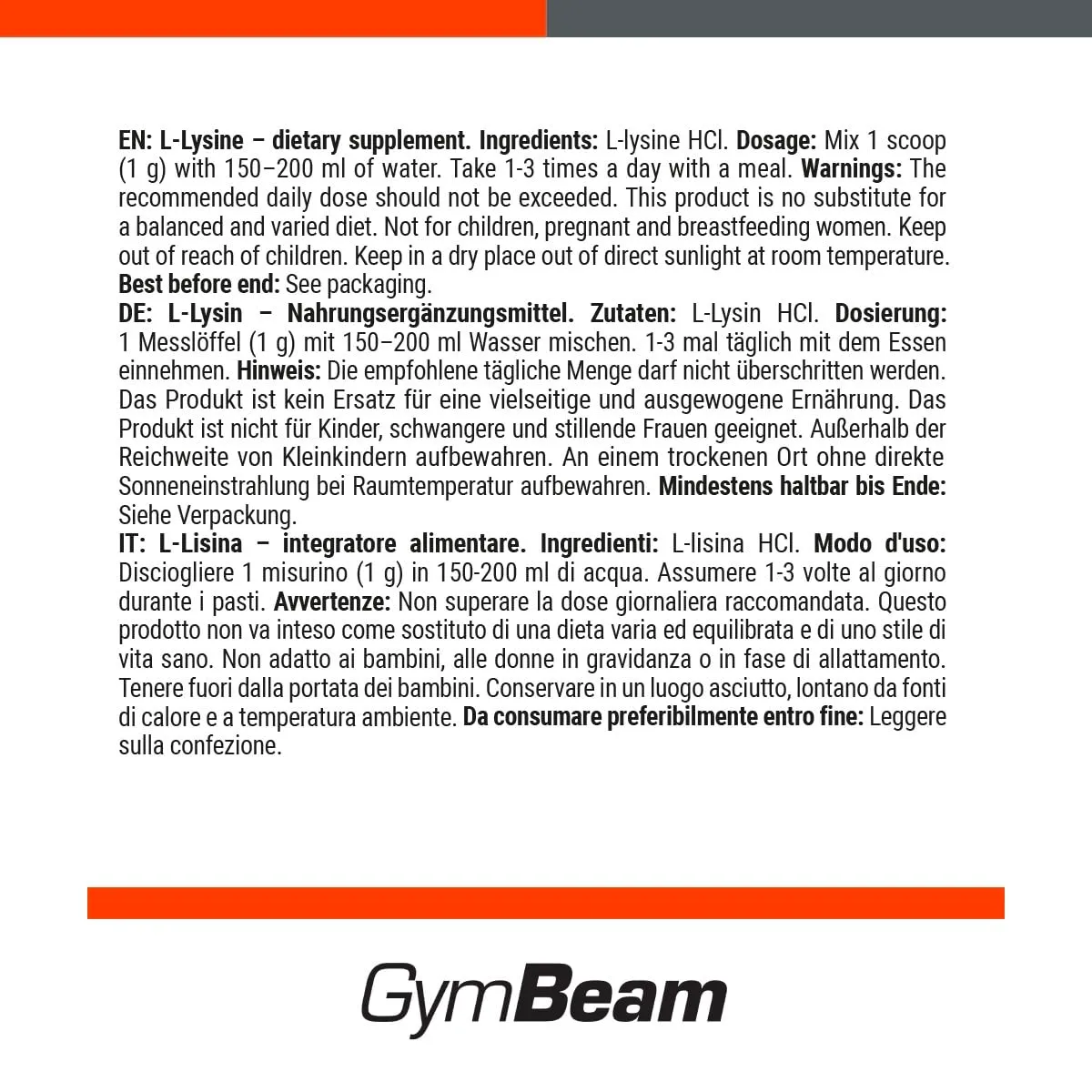 GymBeam L-Lisina Integratore in Polvere 250 g 1000 mg