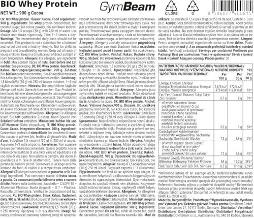 GymBeam Whey BIO Proteine Whey Cacao 900 g Grass-Fed