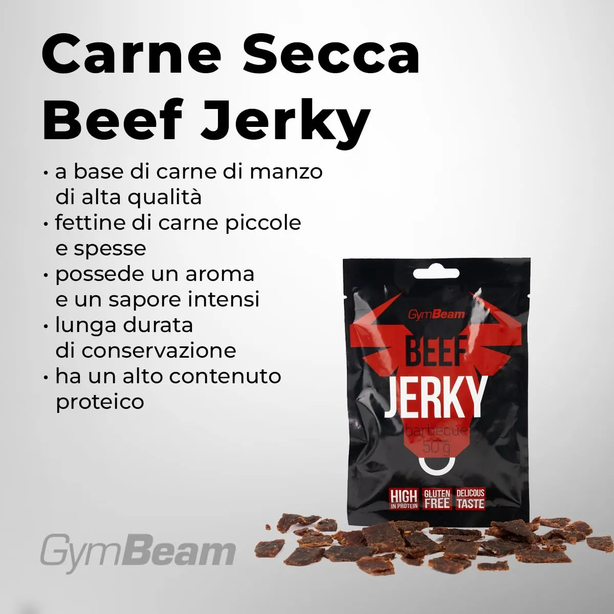 GymBeam Beef Jerky Carne Secca Snack Barbecue 50 g 64% Proteine