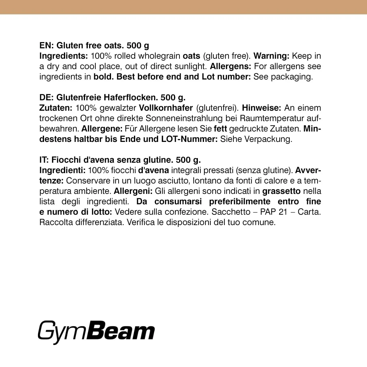 GymBeam Fiocchi Avena Fini senza glutine 500 g fibre