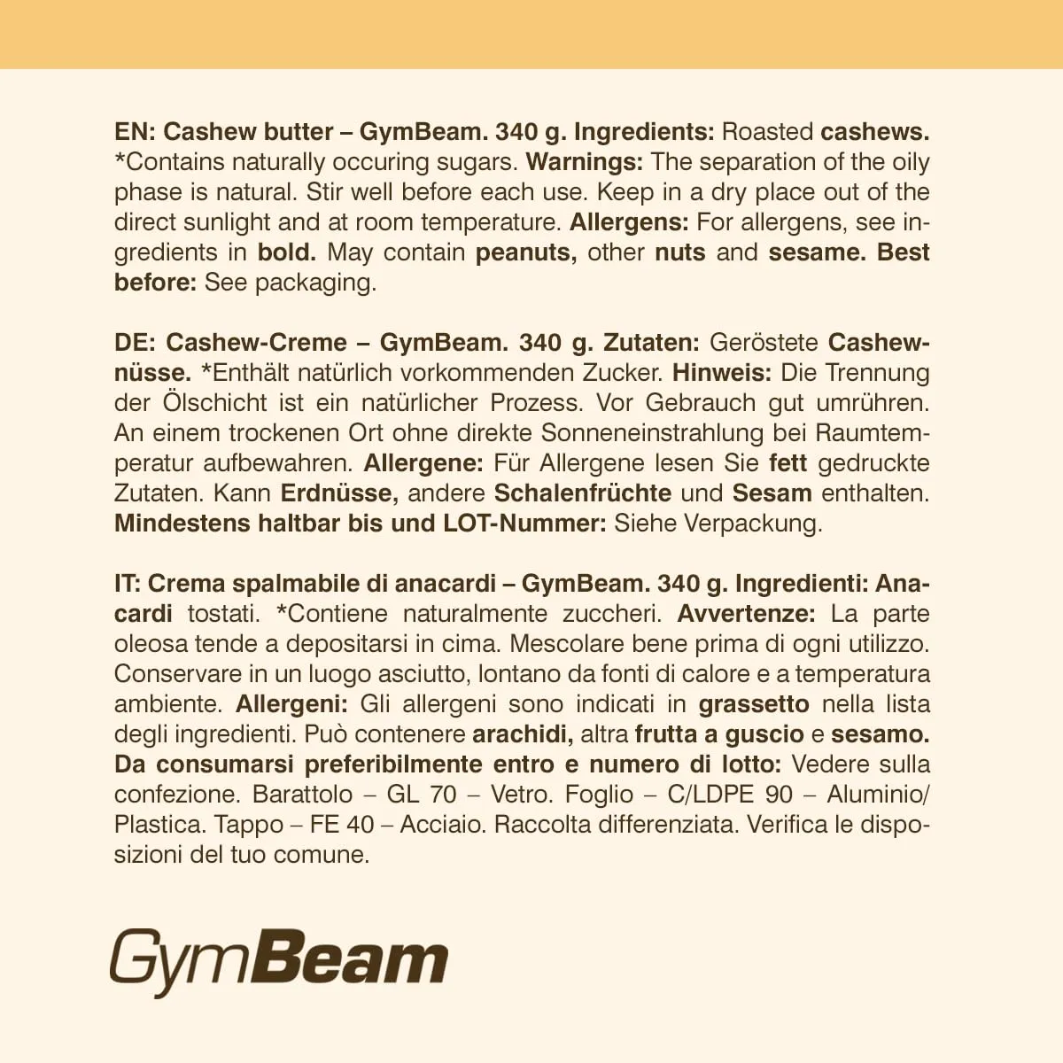 GymBeam Burro Anacardi Crema Spalmabile 340 g Naturale