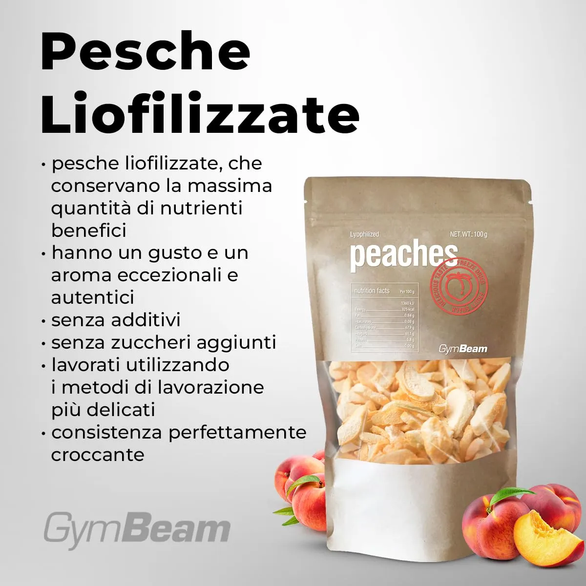 GymBeam Pesche Liofilizzate 100 g snack croccante