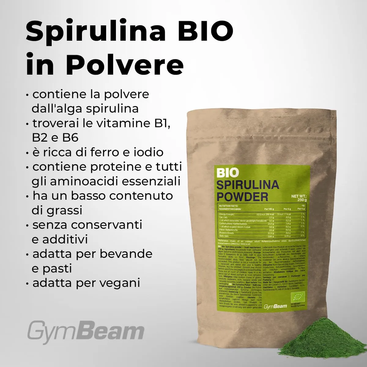 GymBeam Spirulina BIO Polvere 250g Proteica Vegana