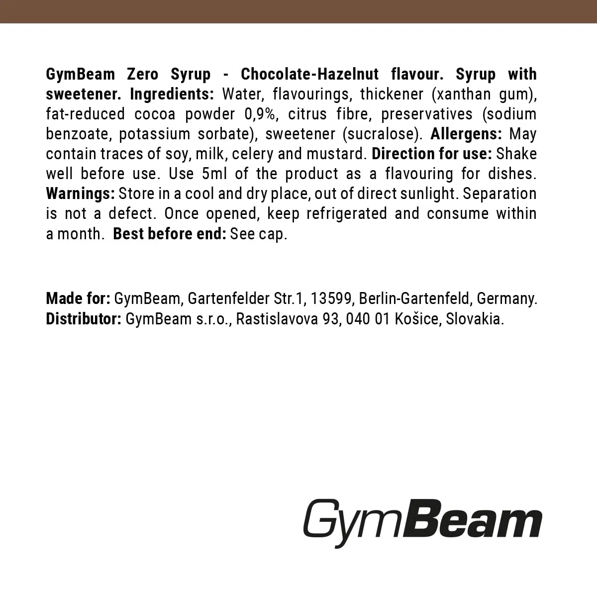 GymBeam Sciroppo ZERO sciroppo 350 ml cioccolato e nocciola