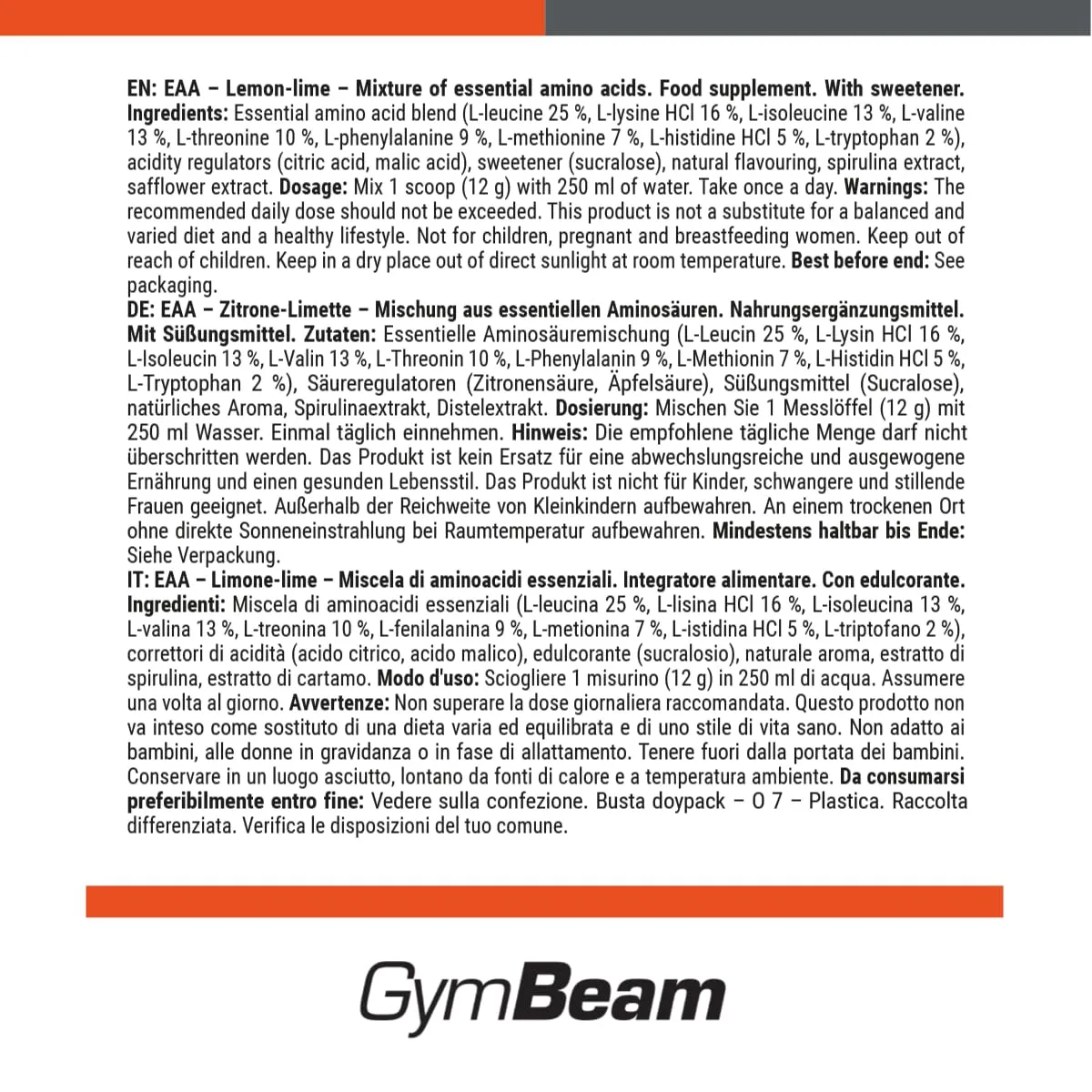 GymBeam EAA Limone Lime 500 g polvere recupero muscolare