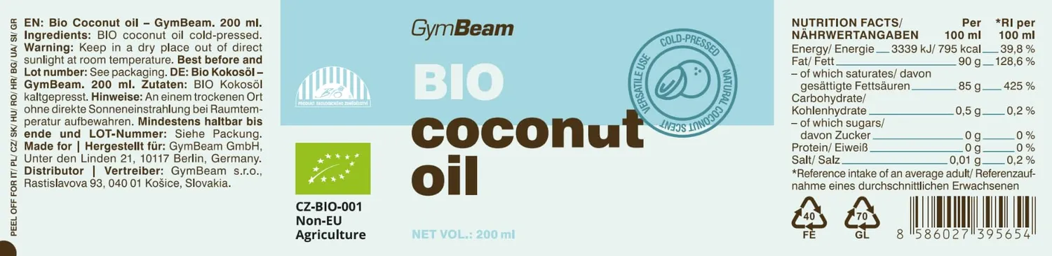 GymBeam Olio di Cocco Vergine Bio olio 200 ml spremuto a freddo