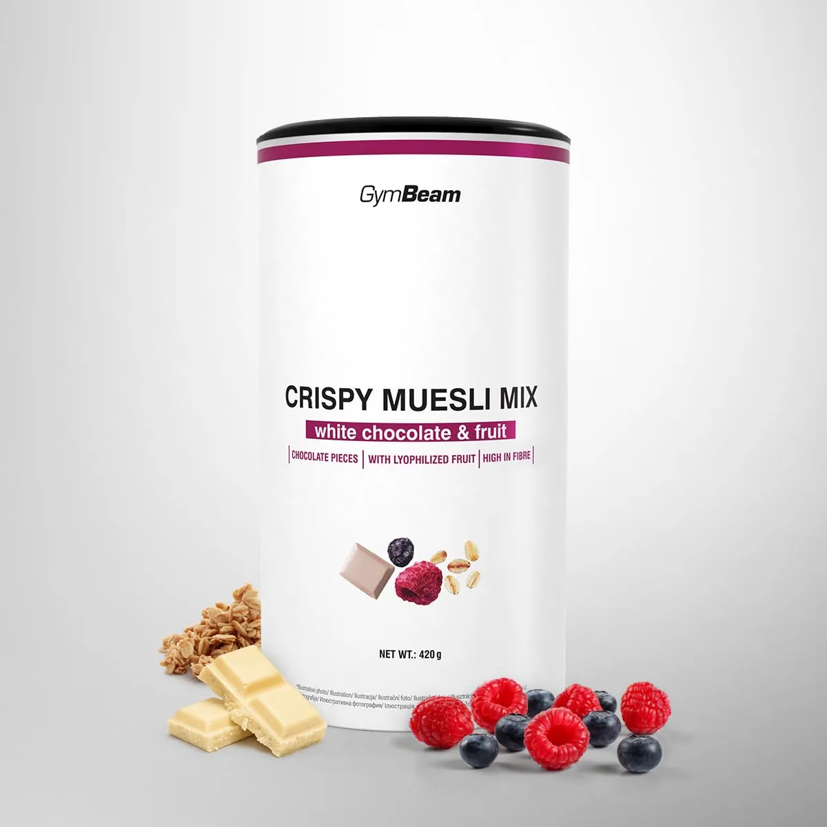 GymBeam Crispy Muesli Mix cereali proteici 420g white chocolate fruit