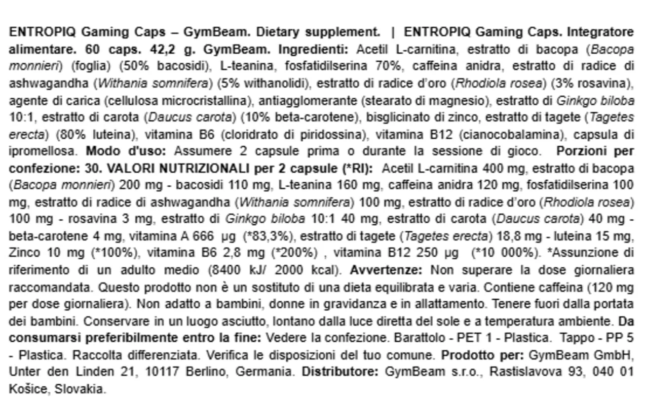 GymBeam ENTROPIQ Gaming integratore 60 capsule
