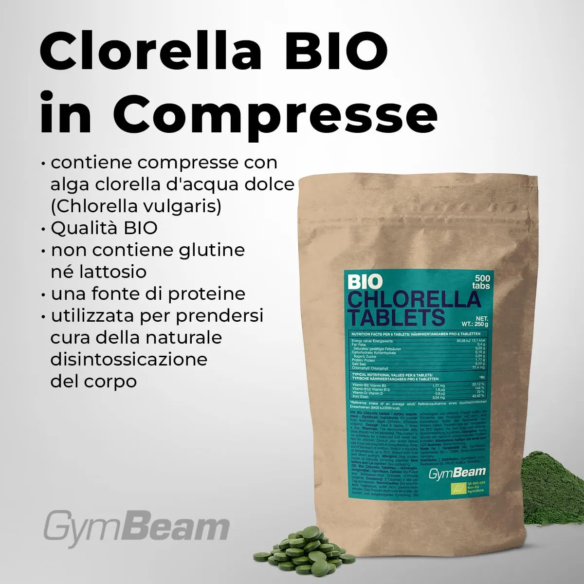GymBeam Clorella BIO compresse 500 tabs proteine detox