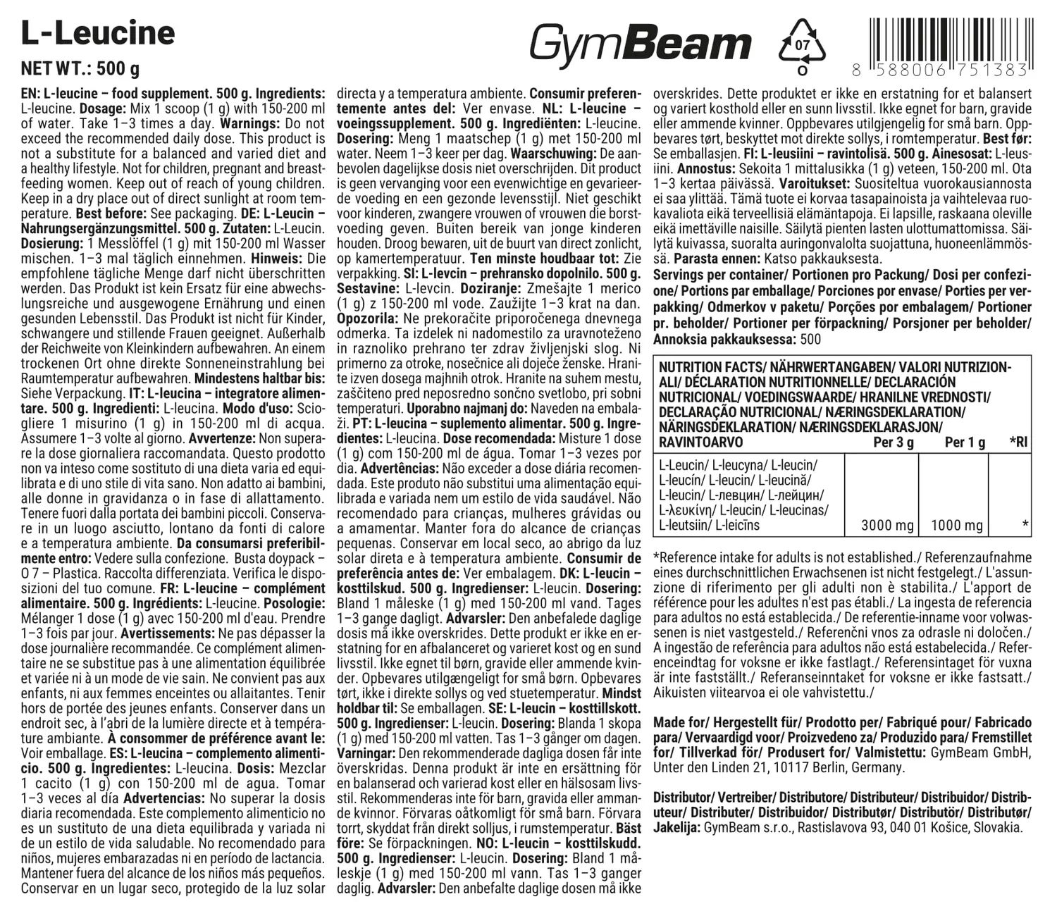 GymBeam Leucina Polvere 500 g Crescita Muscolare