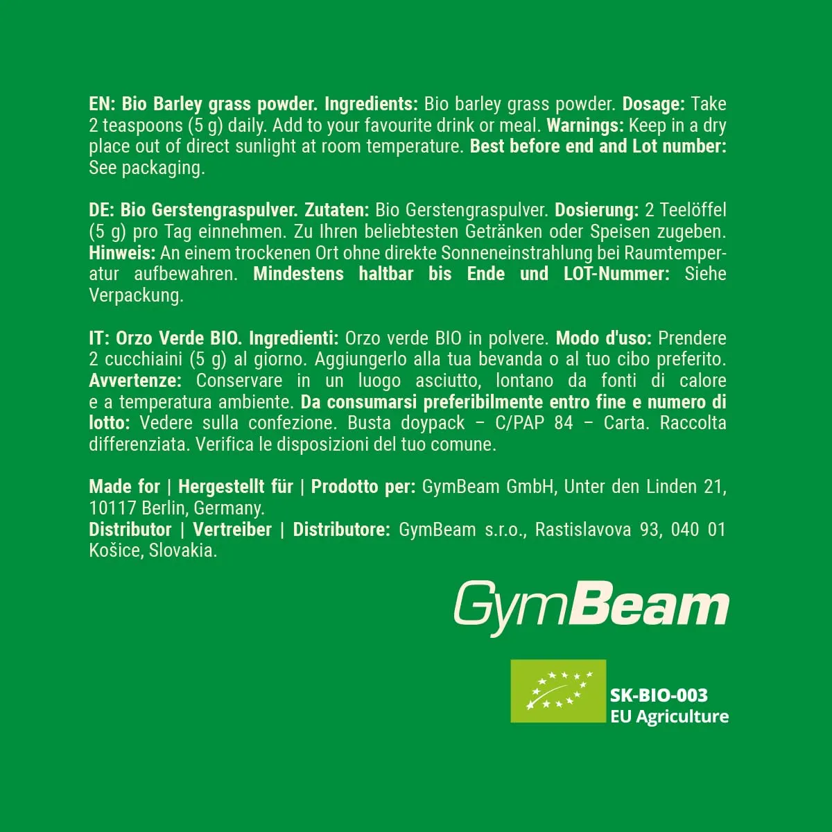 GymBeam Orzo Verde BIO orzo in polvere 200 g vegano
