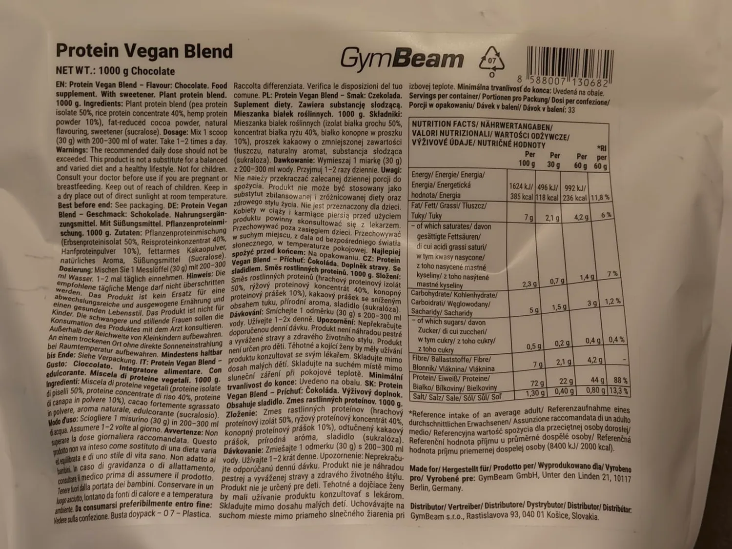 GymBeam Vegan Blend proteine 1000 g cioccolato pisello riso canapa
