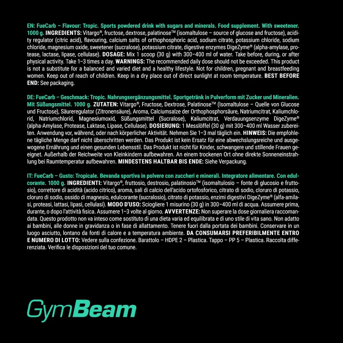 GymBeam FueCarb carbo mix 1000 g gusto Tropicale
