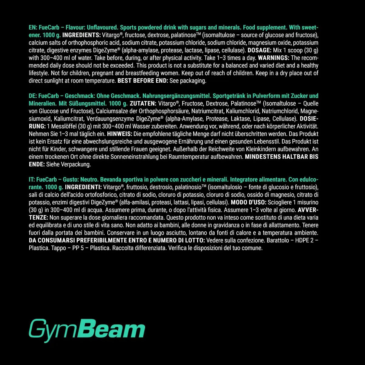 GymBeam FueCarb 1000 g carboidrati gusto neutro