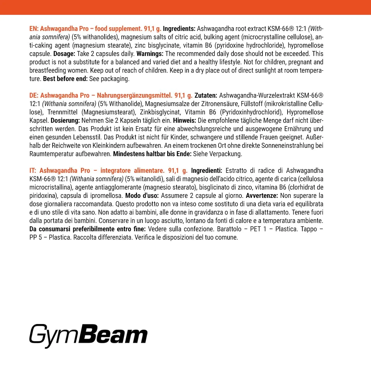 GymBeam Ashwagandha Pro capsule KSM-66 sonno stress
