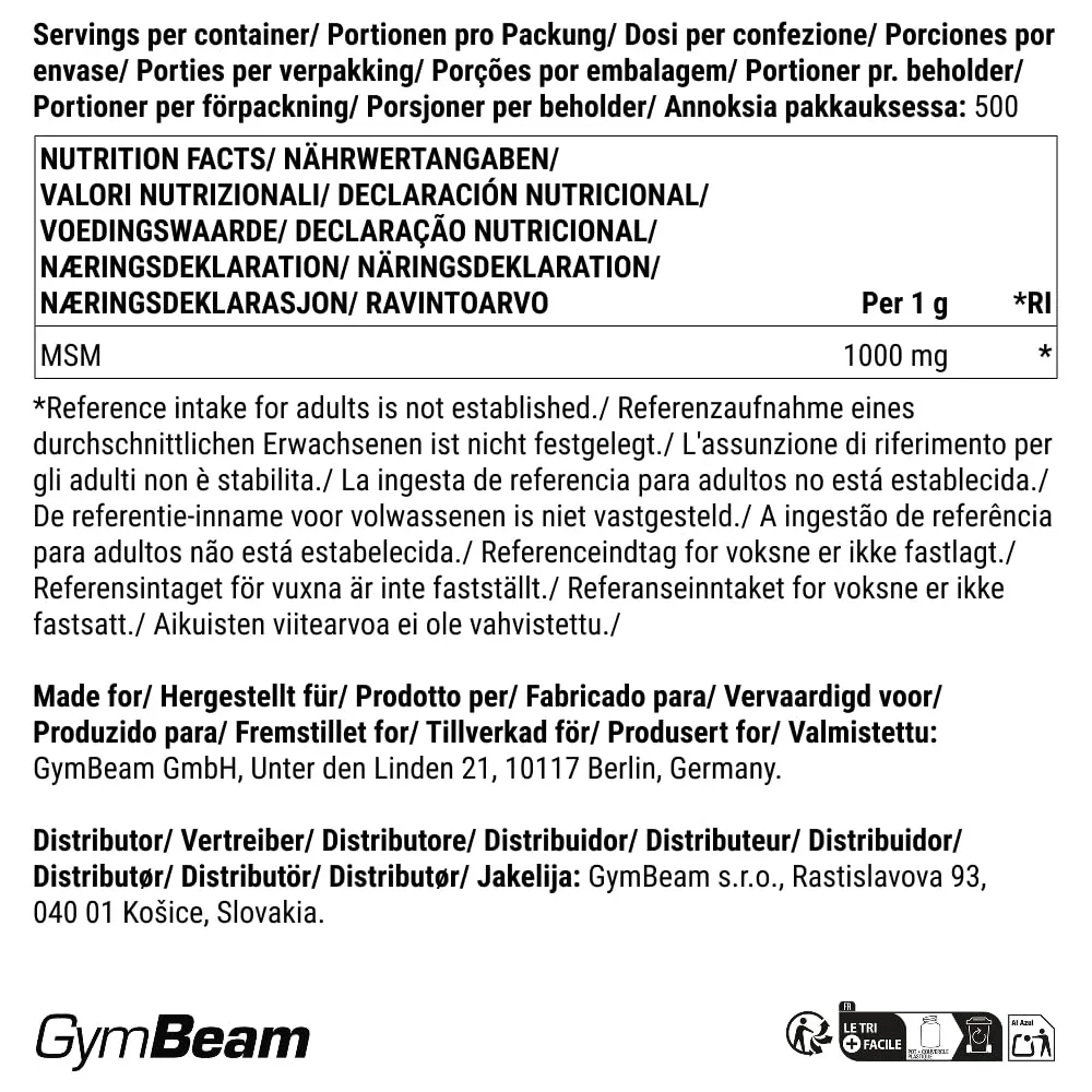 GymBeam MSM integratore articolare polvere 500 g con zolfo