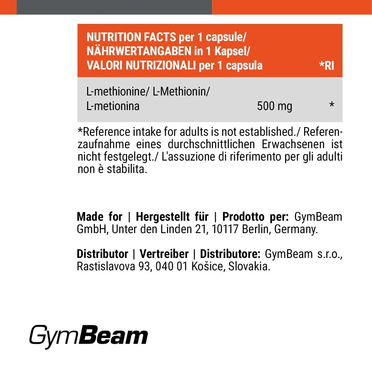 GymBeam L-Metionina 500 mg capsule 120 pezzi vegane