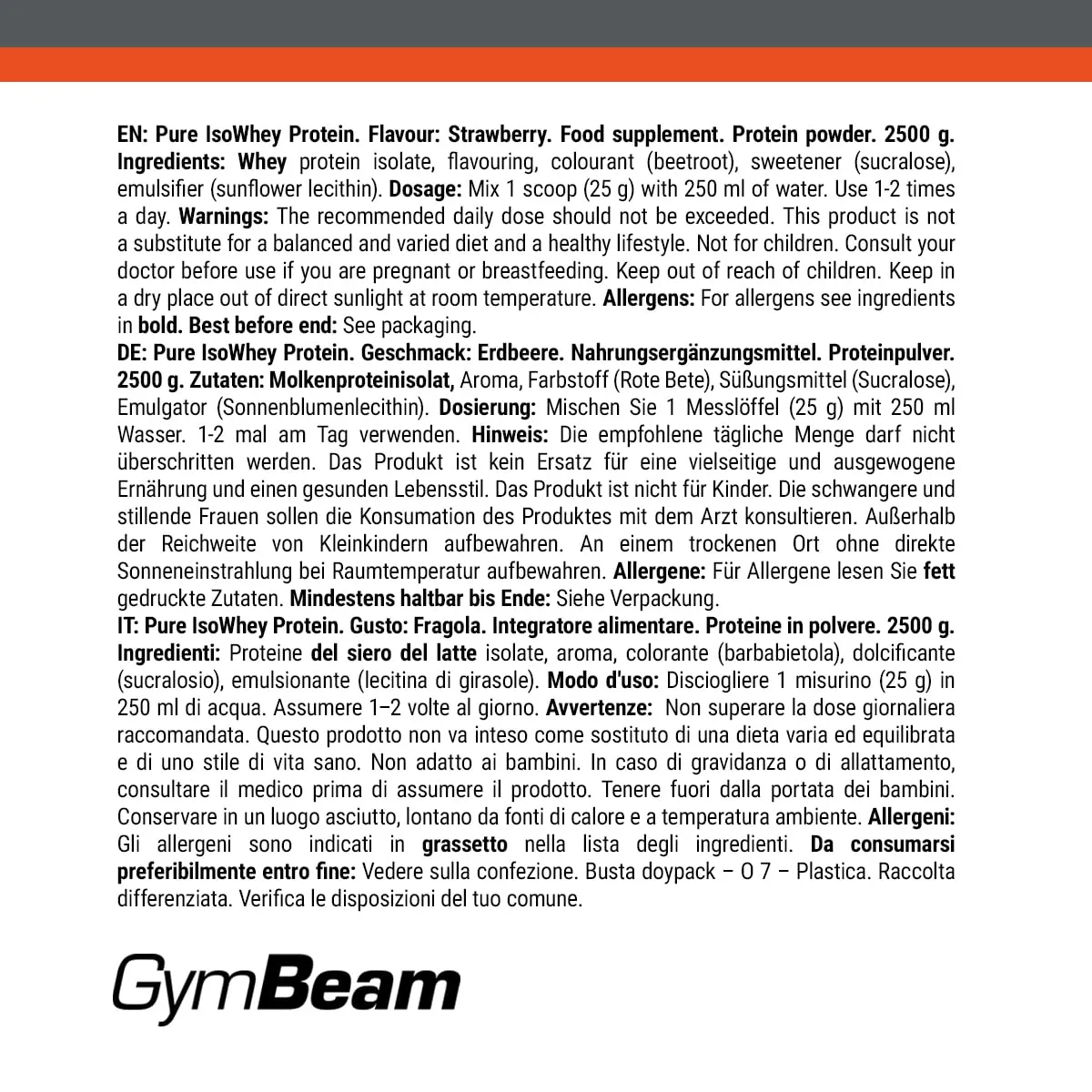 GymBeam Pure IsoWhey Proteine Isolate 2500 g Fragola