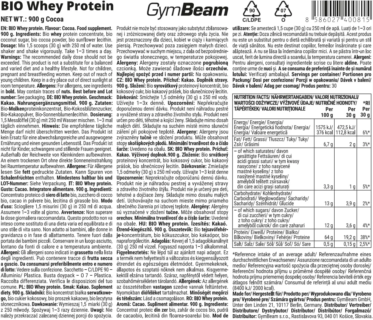 GymBeam Whey BIO Proteine Whey Cacao 900 g Grass-Fed