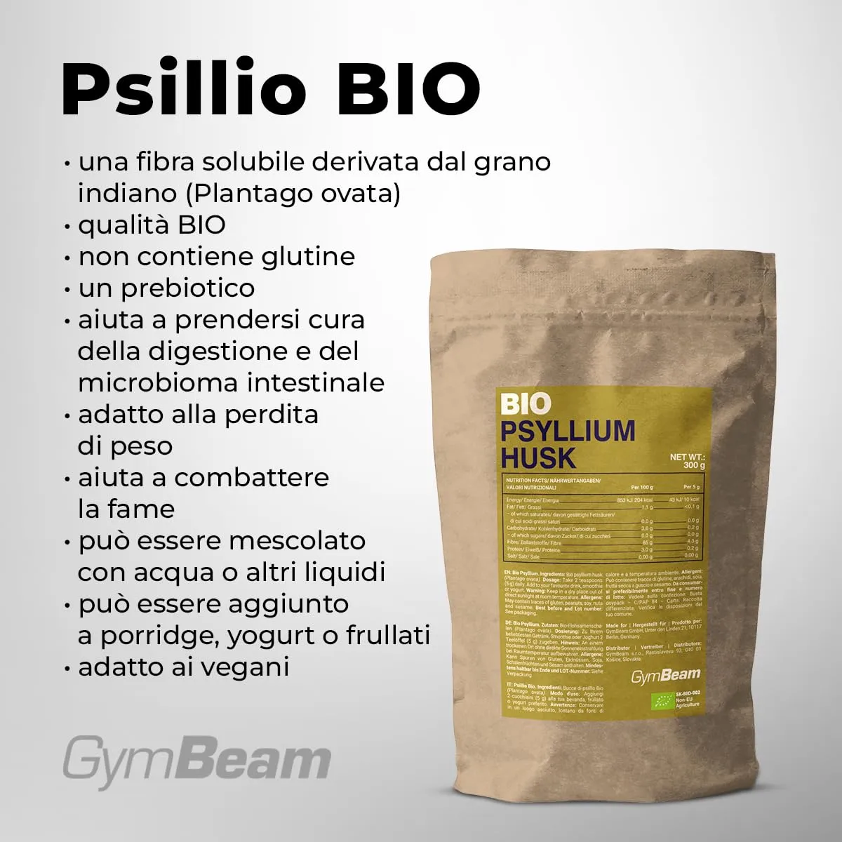 GymBeam Psillio BIO fibra 300 g senza glutine