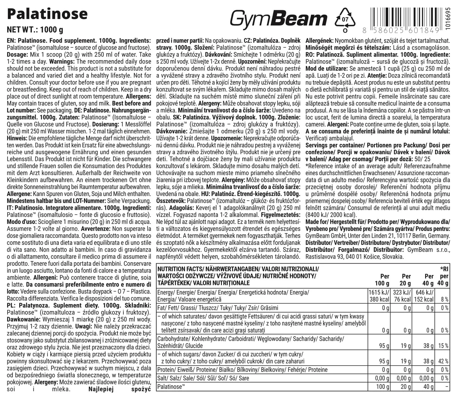 GymBeam Palatinosio Isomaltulosio Carboidrati 500 g Lento Rilascio