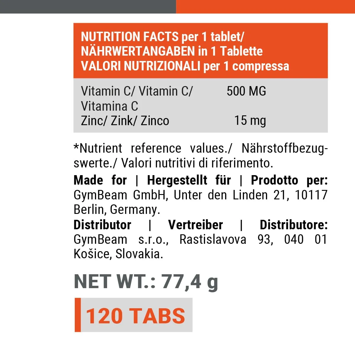 GymBeam Vitamina C Zinco 120 Compresse Immunitario