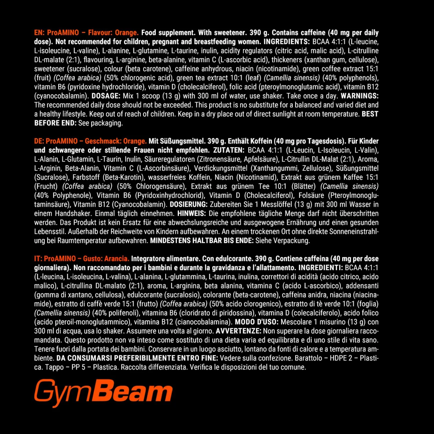 GymBeam ProAmino EAA polvere 390 g arancia energia